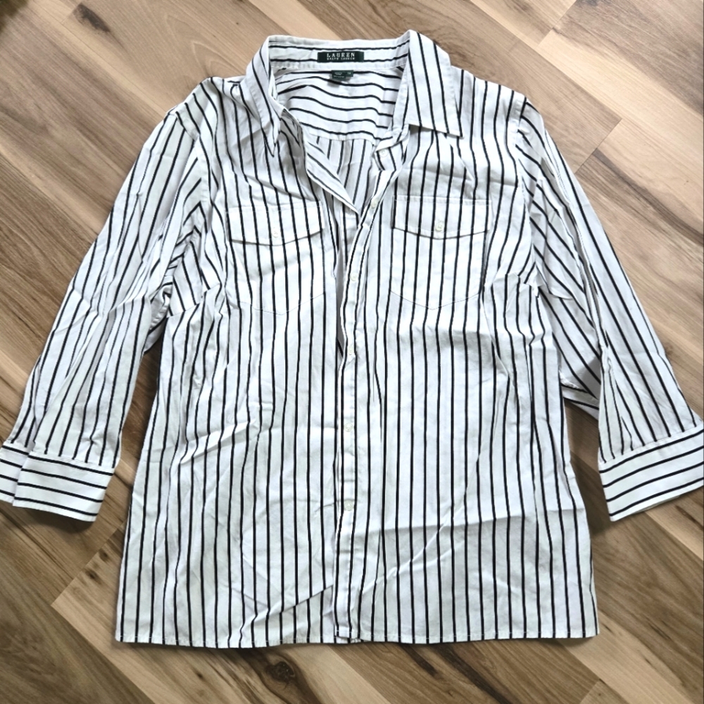 Ralph Lauren Black and White Striped Button Down Shirt 100% Cotton Women's 2X